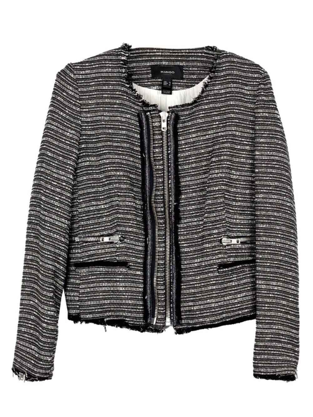 Mango Womens Small Tweed Boucle Textured Zipper Front Blazer Jacket